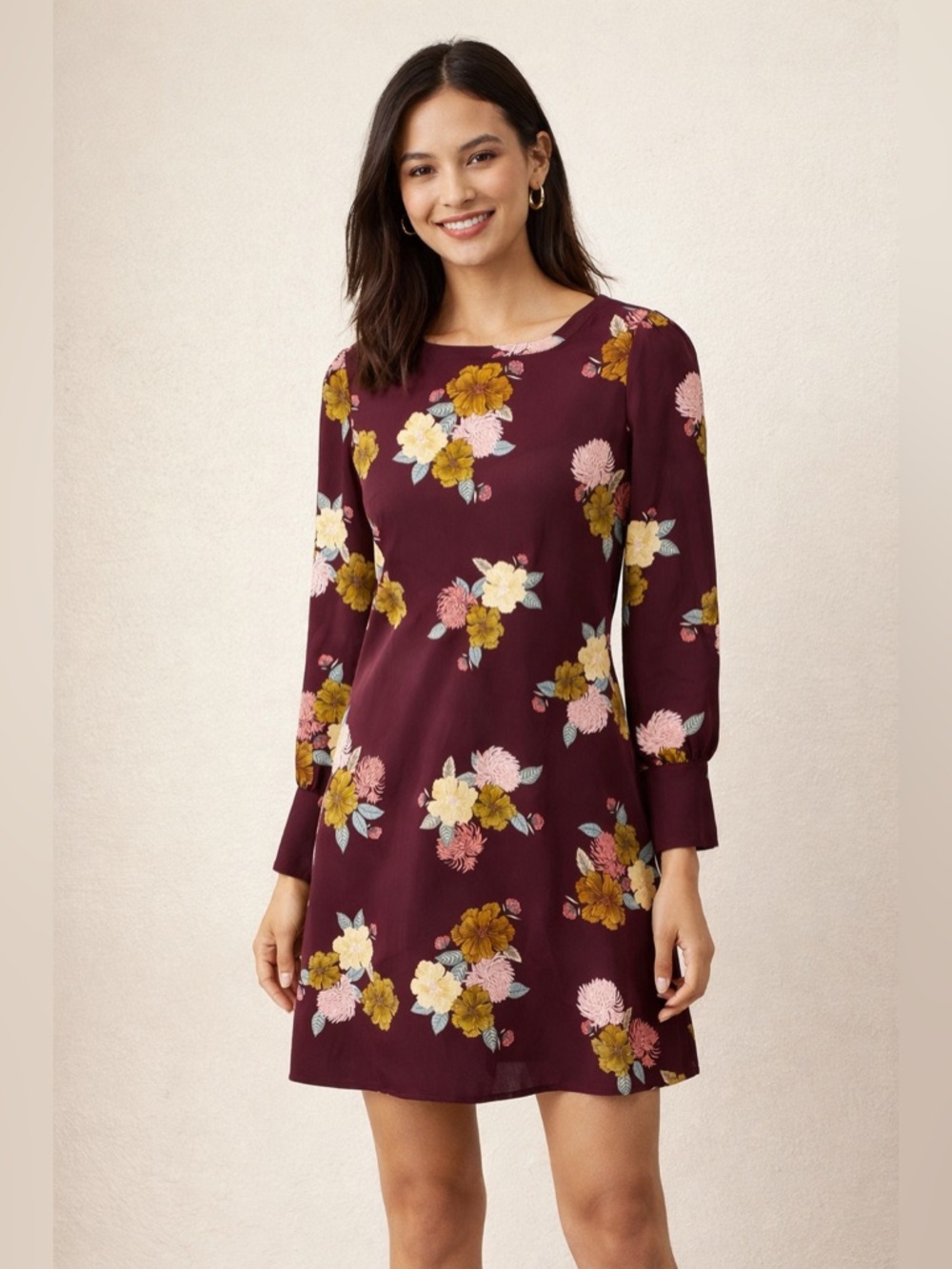 Loft Floral Long-Sleeve Shift Dress Small